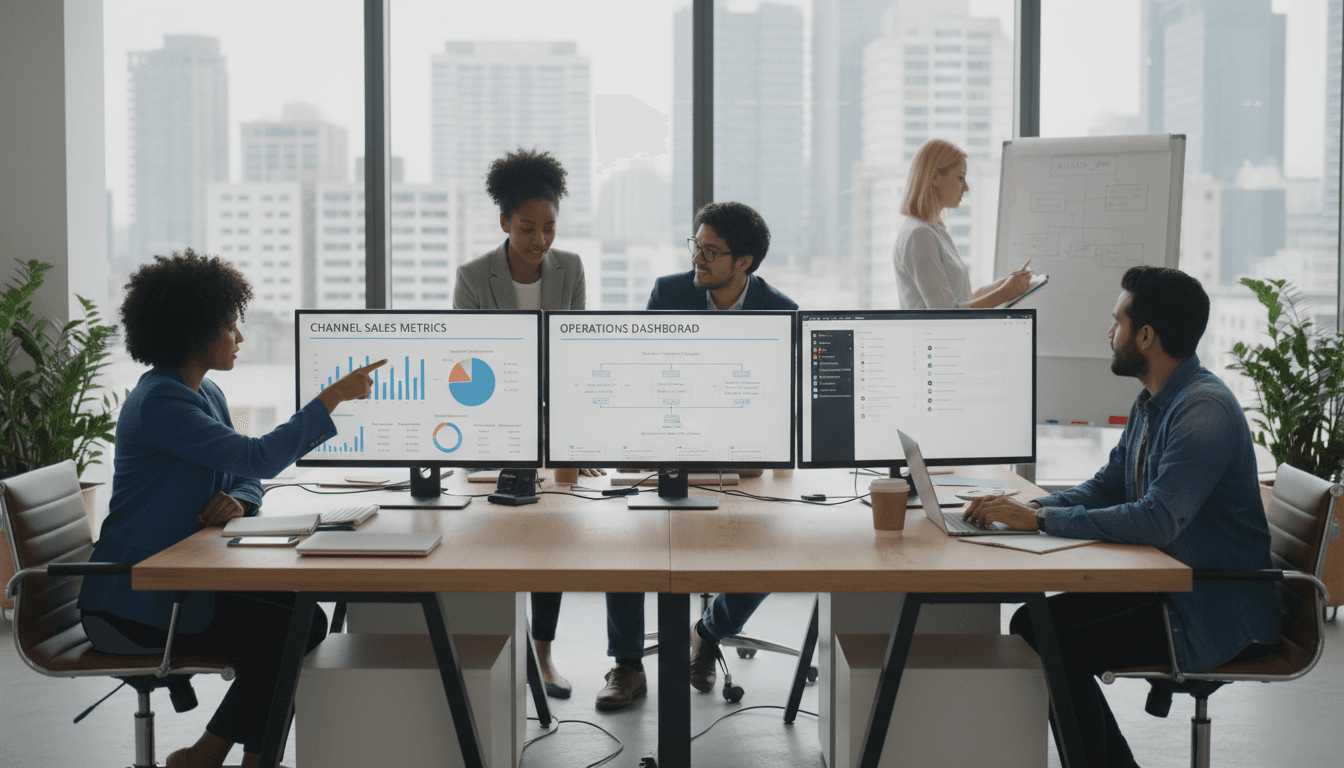 software team collaborating at modern office desk reviewing channel sales metrics and operations dashboard