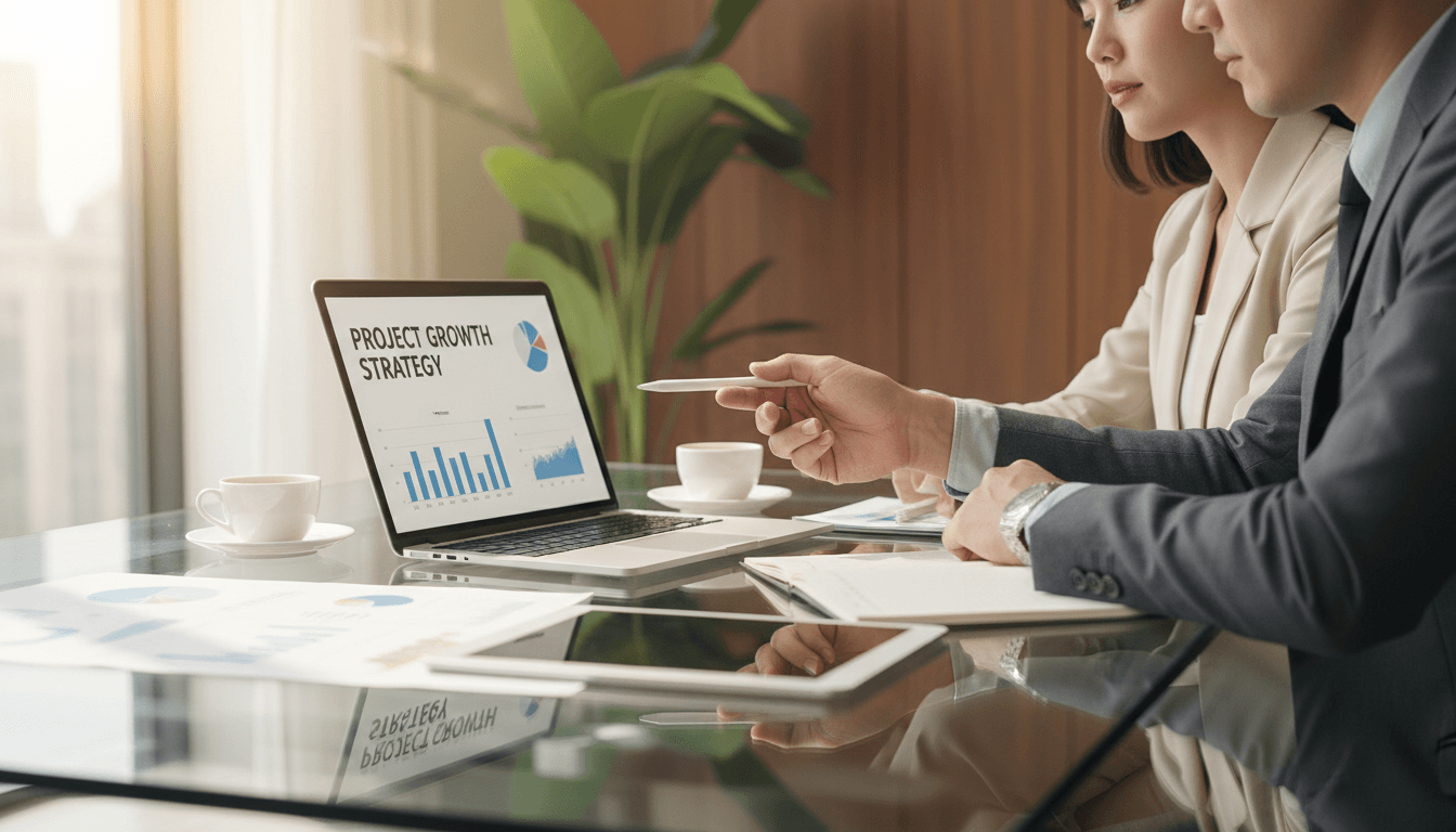 Two professionals consulting at desk with laptop and documents in bright modern office space
